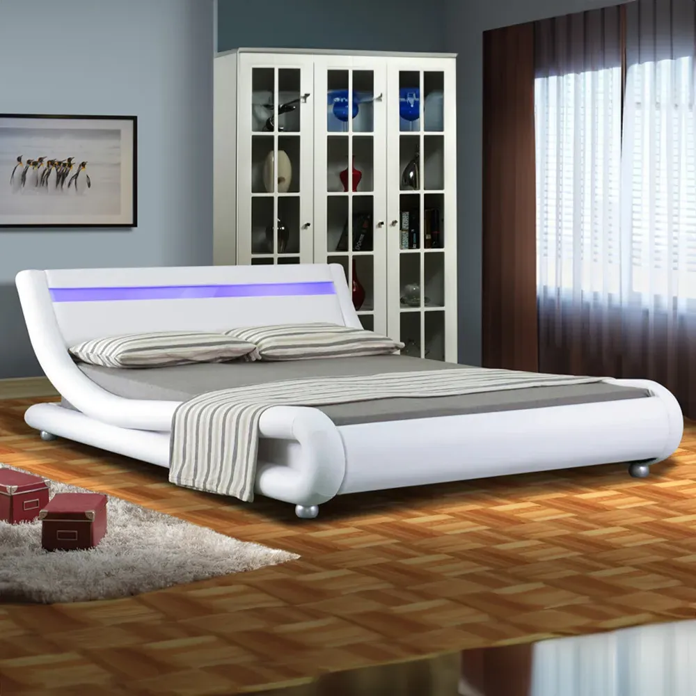 Brooklyn Double Size Bed Frame with LED - White, Faux Leather
