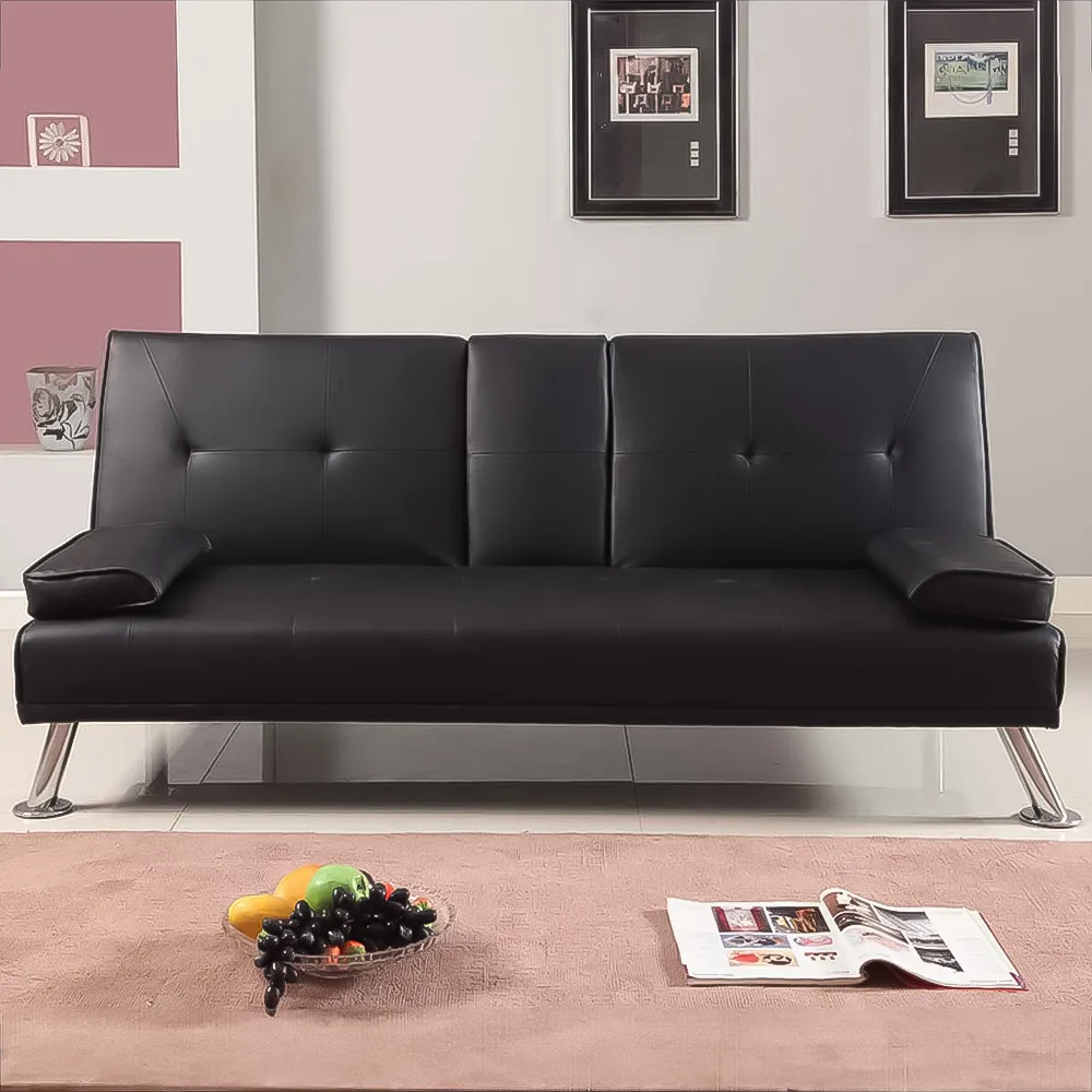 Brooklyn Double Sleeper Sofa Bed with Cup Holder - Black, Faux Leather