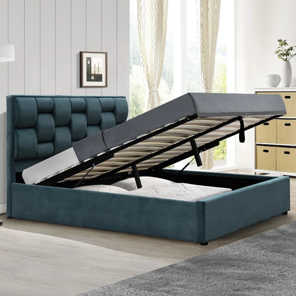 Brooklyn Double Storage Ottoman Bed - Blue, Velvet
