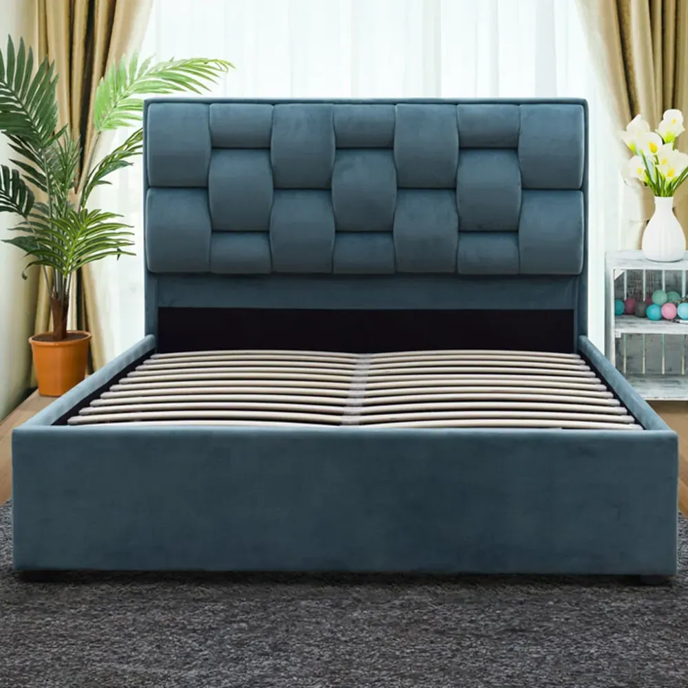 Brooklyn Double Storage Ottoman Bed - Blue, Velvet