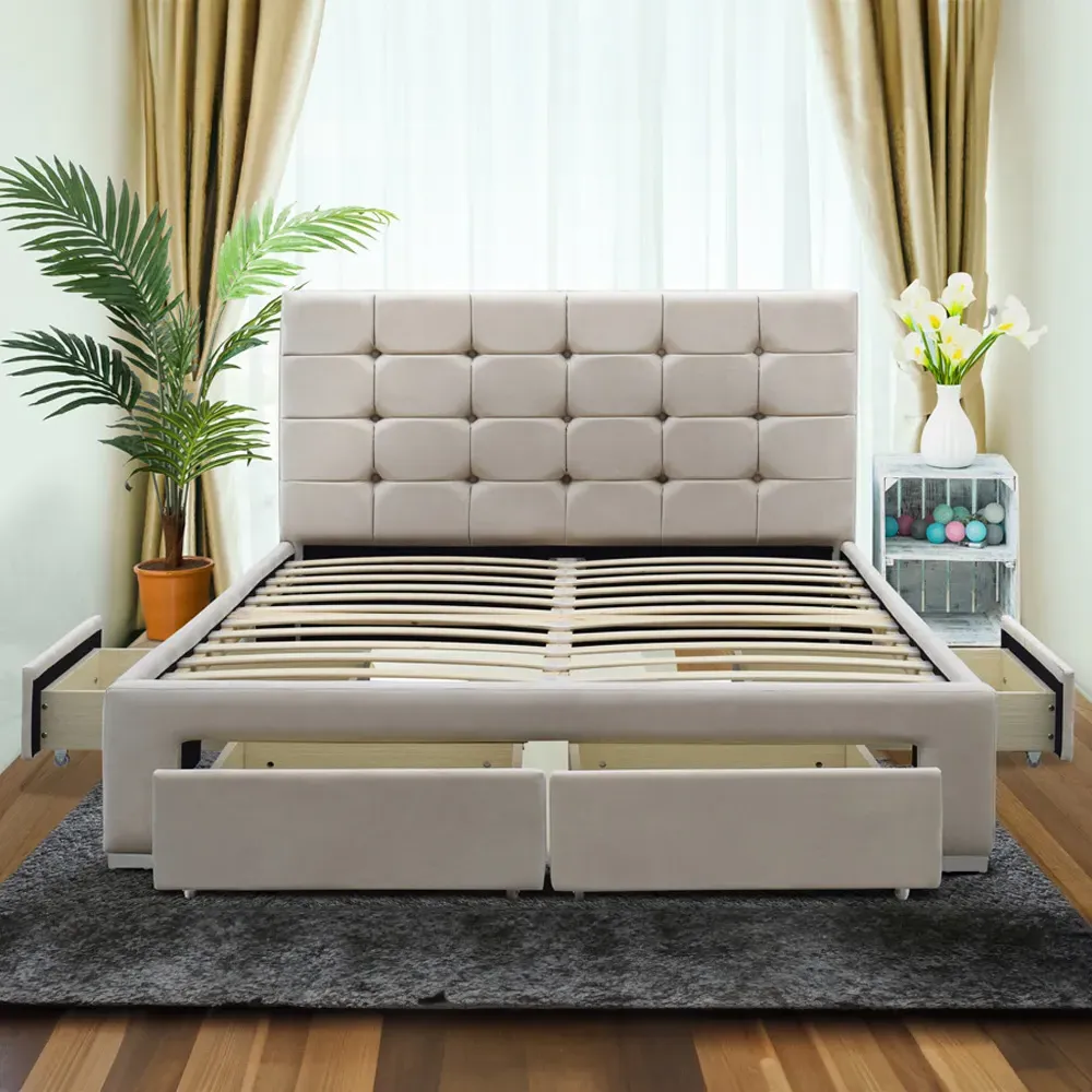 Brooklyn King Size Bed Frame with 4 Drawers - Cream, Velvet