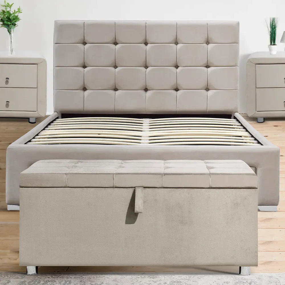 Brooklyn King Size Bed Frame with 4 Drawers - Cream, Velvet