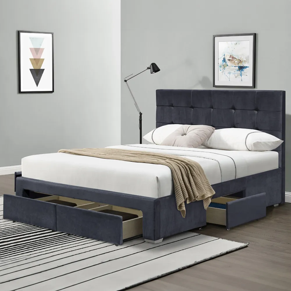 Brooklyn King Size Bed Frame with 4 Drawers - Grey, Velvet