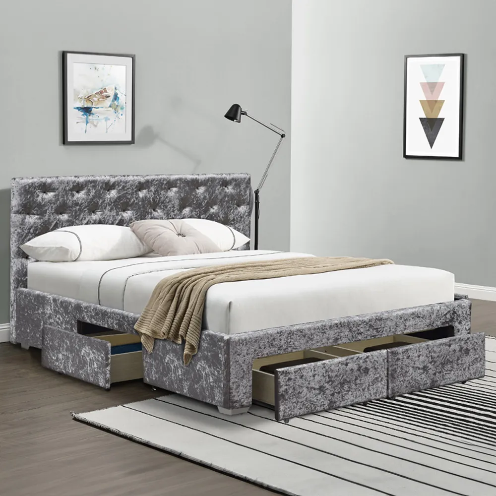Brooklyn King Size Bed Frame with 4 Drawers - Silver, Velvet