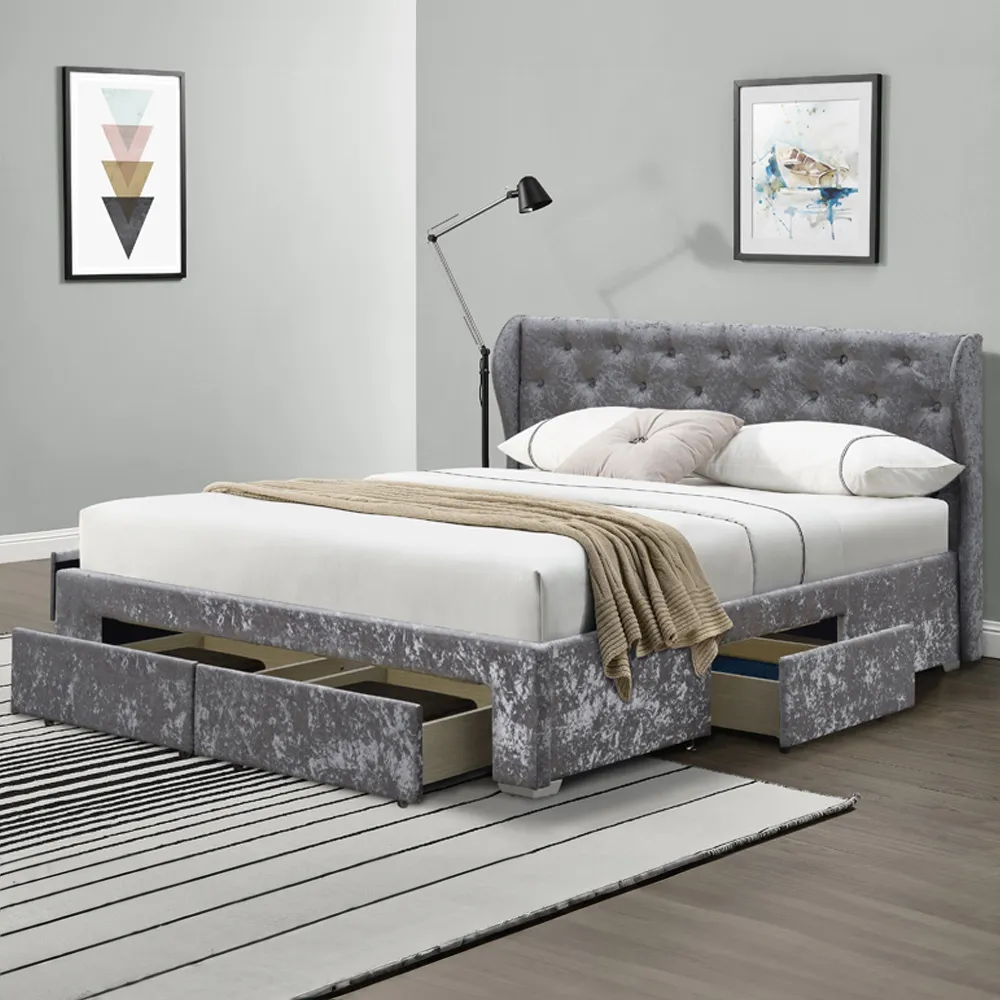Brooklyn King Size Bed Frame with 4 Drawers - Silver, Velvet