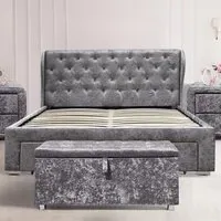 Brooklyn King Size Bed Frame with 4 Drawers - Silver, Velvet