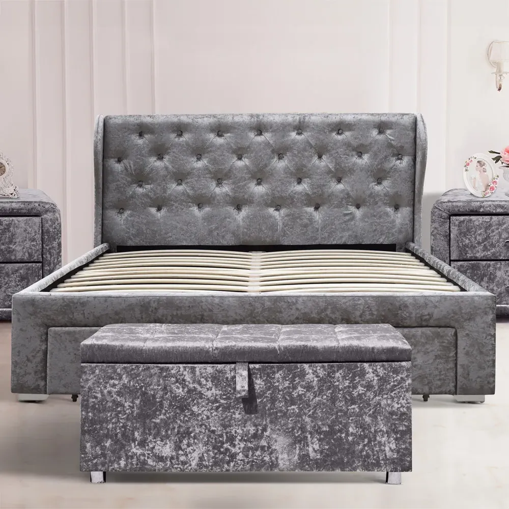 Brooklyn King Size Bed Frame with 4 Drawers - Silver, Velvet