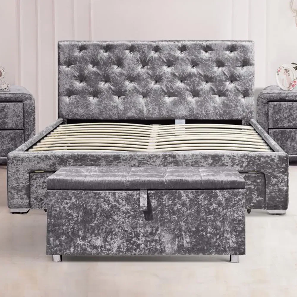 Brooklyn King Size Bed Frame with 4 Drawers - Silver, Velvet