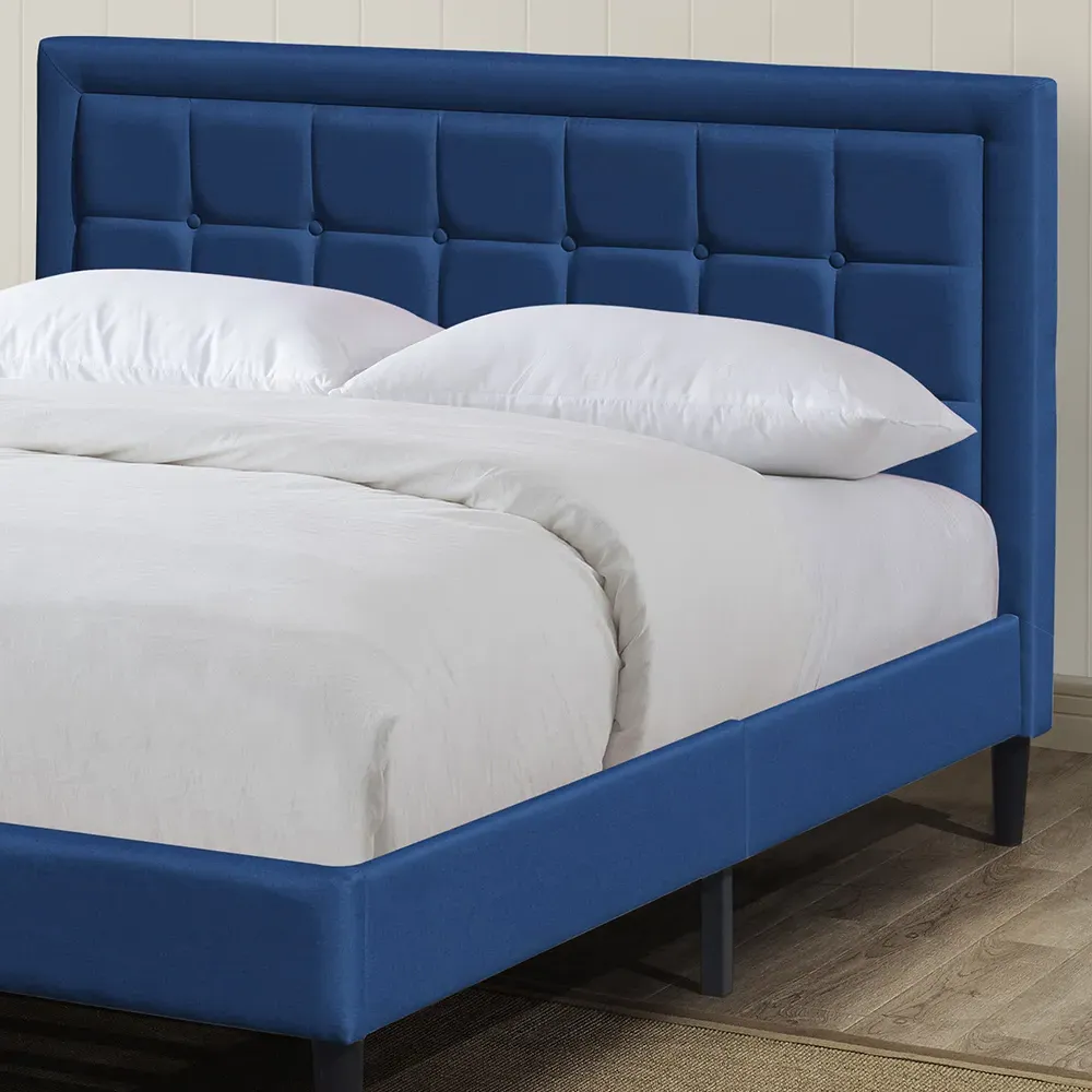 Brooklyn King Size Bed Frame with Buttoned Headboard - Blue