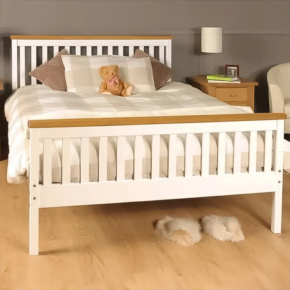 Brooklyn King Size Bed Frame with Caramel Bar - White, Pine