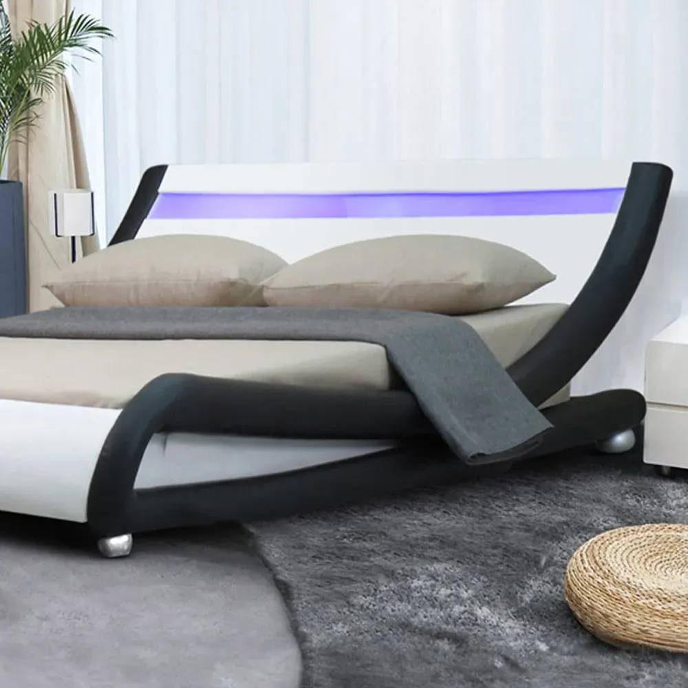 Brooklyn King Size Bed Frame with LED - Black and White, Faux Leather