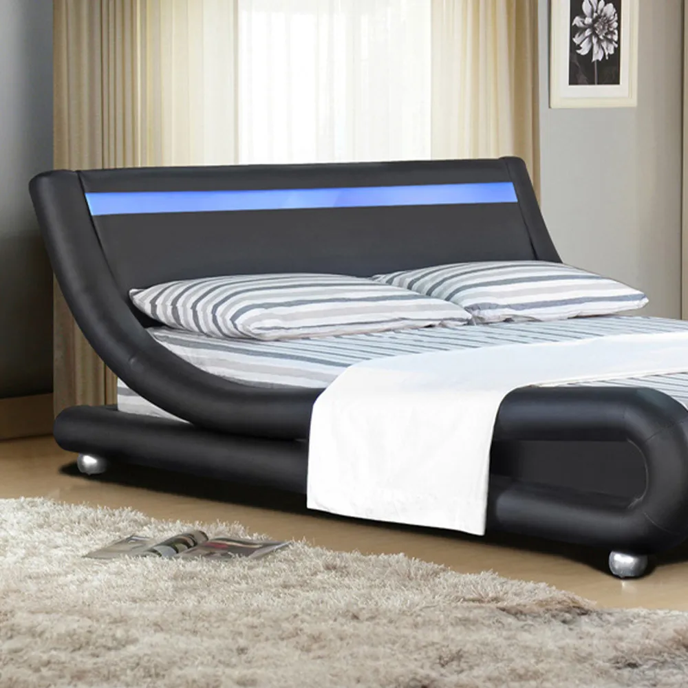 Brooklyn King Size Bed Frame with LED - Black, Faux Leather
