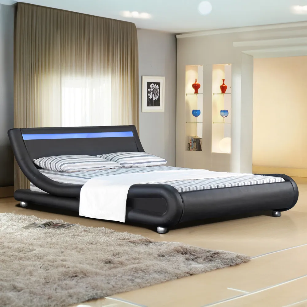 Brooklyn King Size Bed Frame with LED - Black, Faux Leather