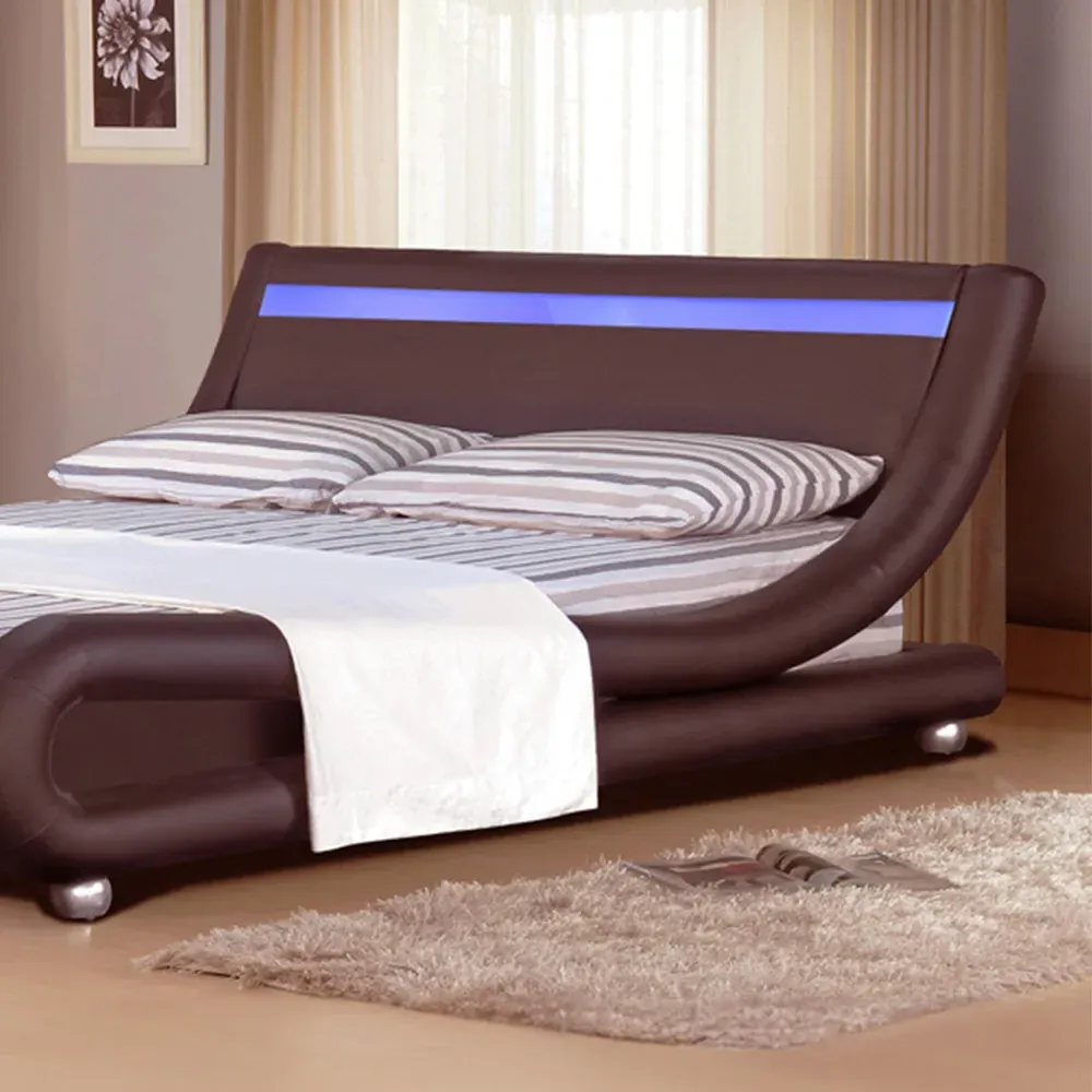 Brooklyn King Size Bed Frame with LED - Brown, Faux Leather