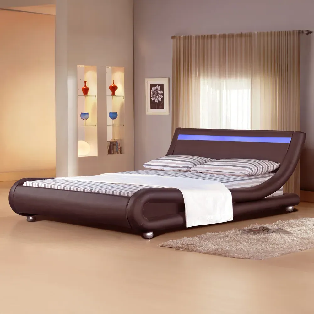 Brooklyn King Size Bed Frame with LED - Brown, Faux Leather