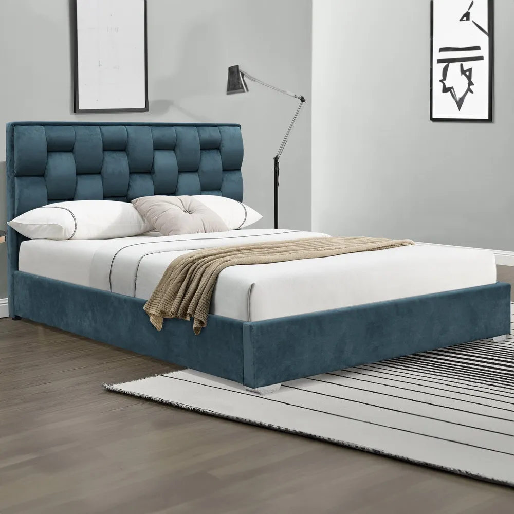 Brooklyn King Size Bed Frame with Storage - Blue, Velvet