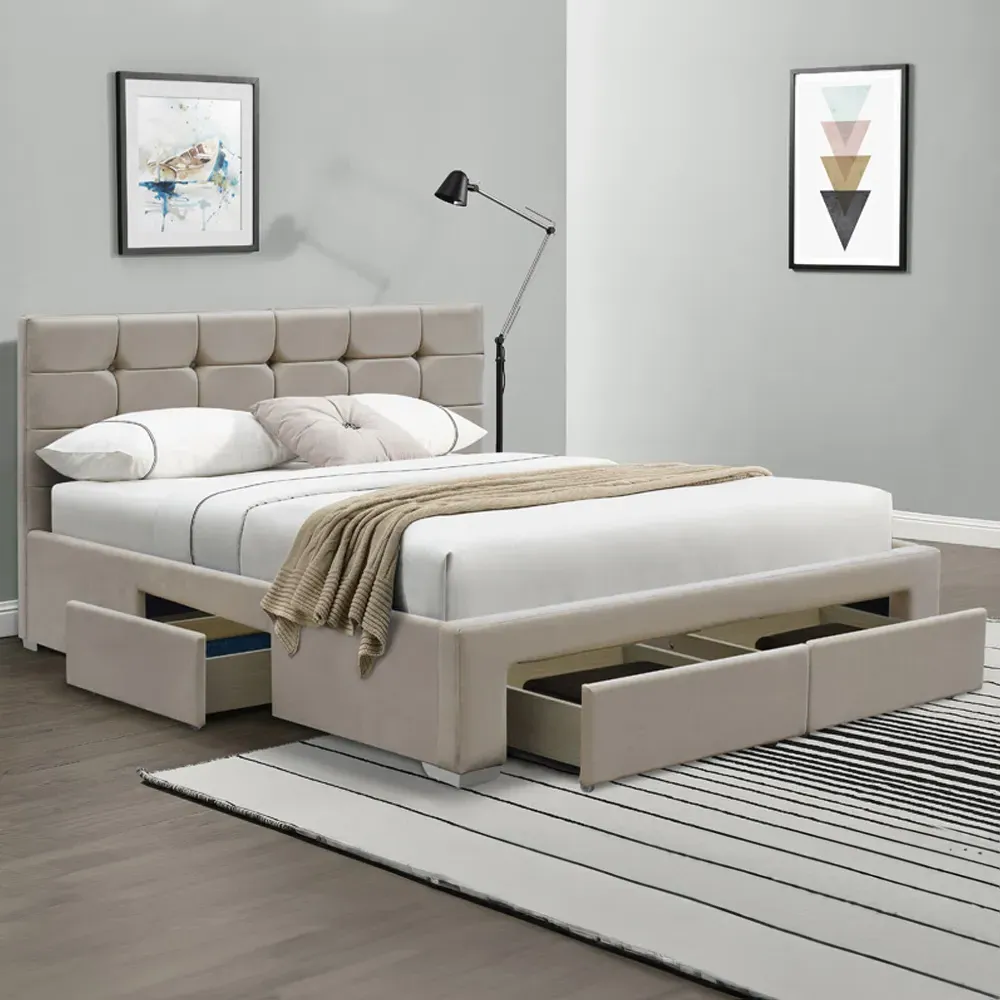 Brooklyn King Size Bed Frame with Storage - Cream, Velvet