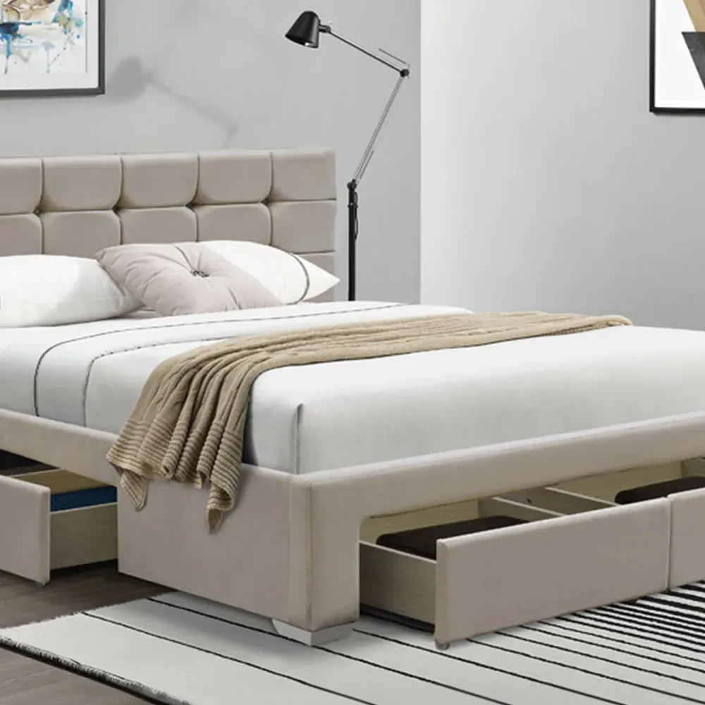 Brooklyn King Size Bed Frame with Storage - Cream, Velvet