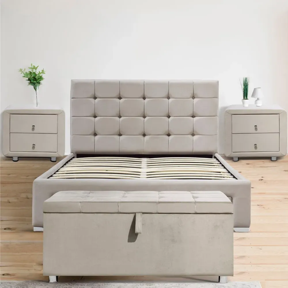 Brooklyn King Size Bed Frame with Storage - Cream, Velvet