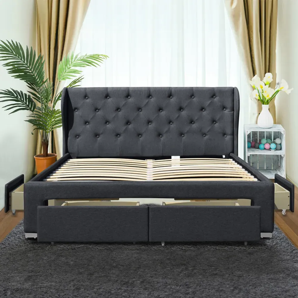 Brooklyn King Size Bed Frame with Storage - Grey, Linen