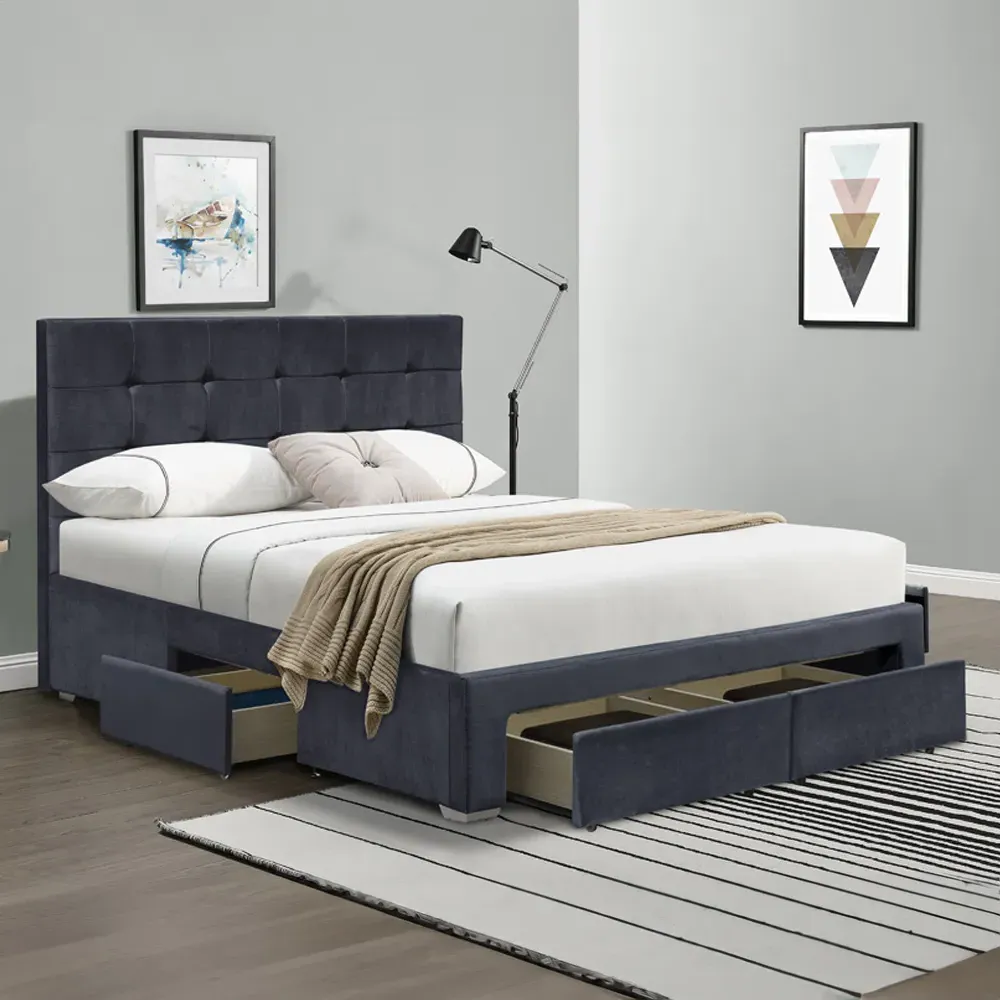 Brooklyn King Size Bed Frame with Storage - Grey, Velvet