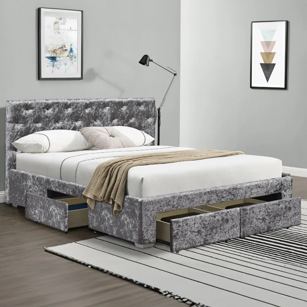 Brooklyn King Size Bed Frame with Storage - Silver, Velvet