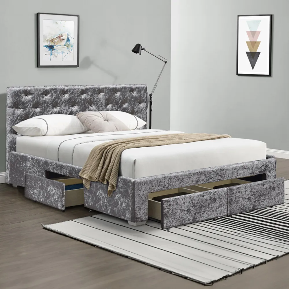 Brooklyn King Size Bed Frame with Storage - Silver, Velvet