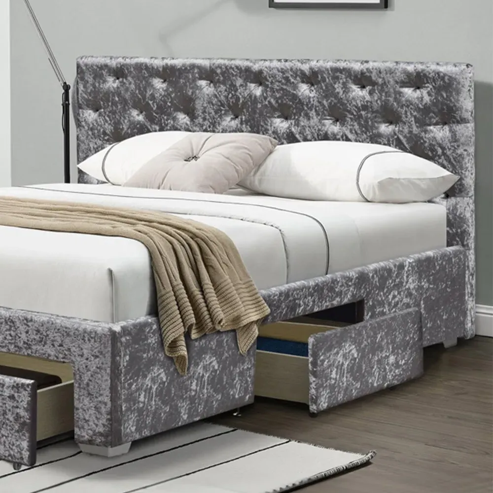 Brooklyn King Size Bed Frame with Storage - Silver, Velvet