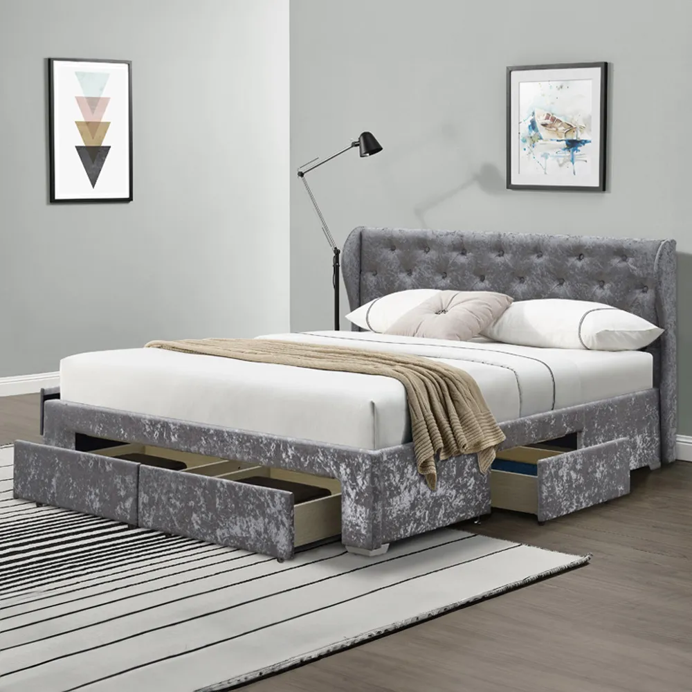 Brooklyn King Size Bed Frame with Storage - Silver, Velvet