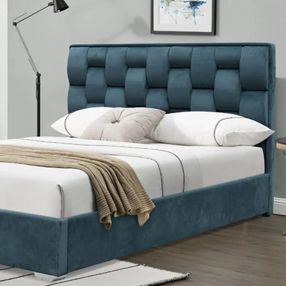 Brooklyn King Size Bed Frame with Weaved Headboard - Blue, Velvet