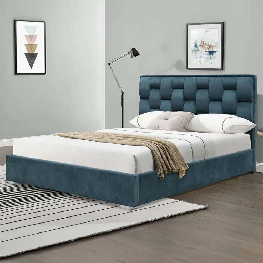 Brooklyn King Size Bed Frame with Weaved Headboard - Blue, Velvet