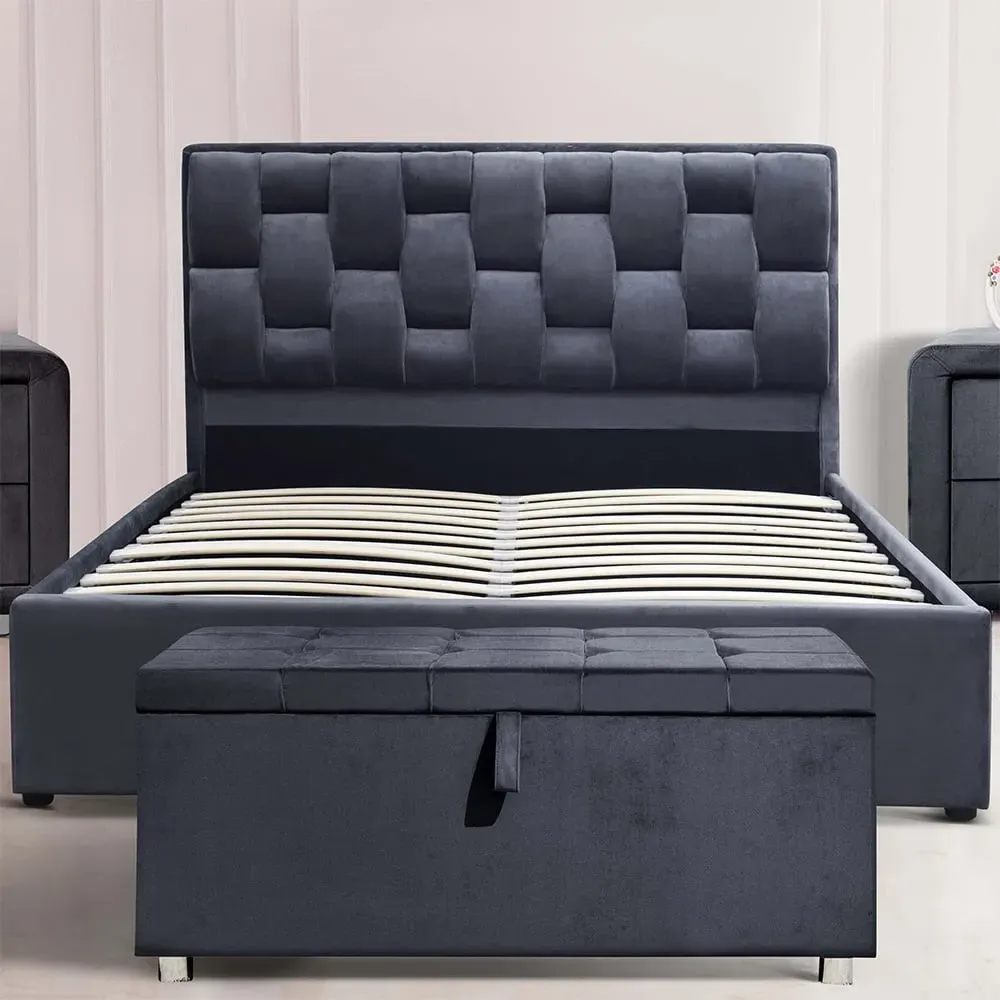 Brooklyn King Size Bed Frame with Weaved Headboard Storage - Grey, Velvet