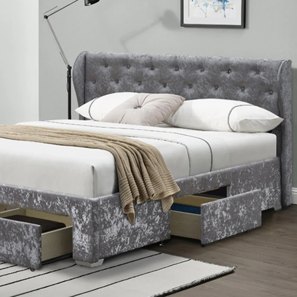 Brooklyn King Size Bed Frame with Winged Headboard - Silver, Velvet