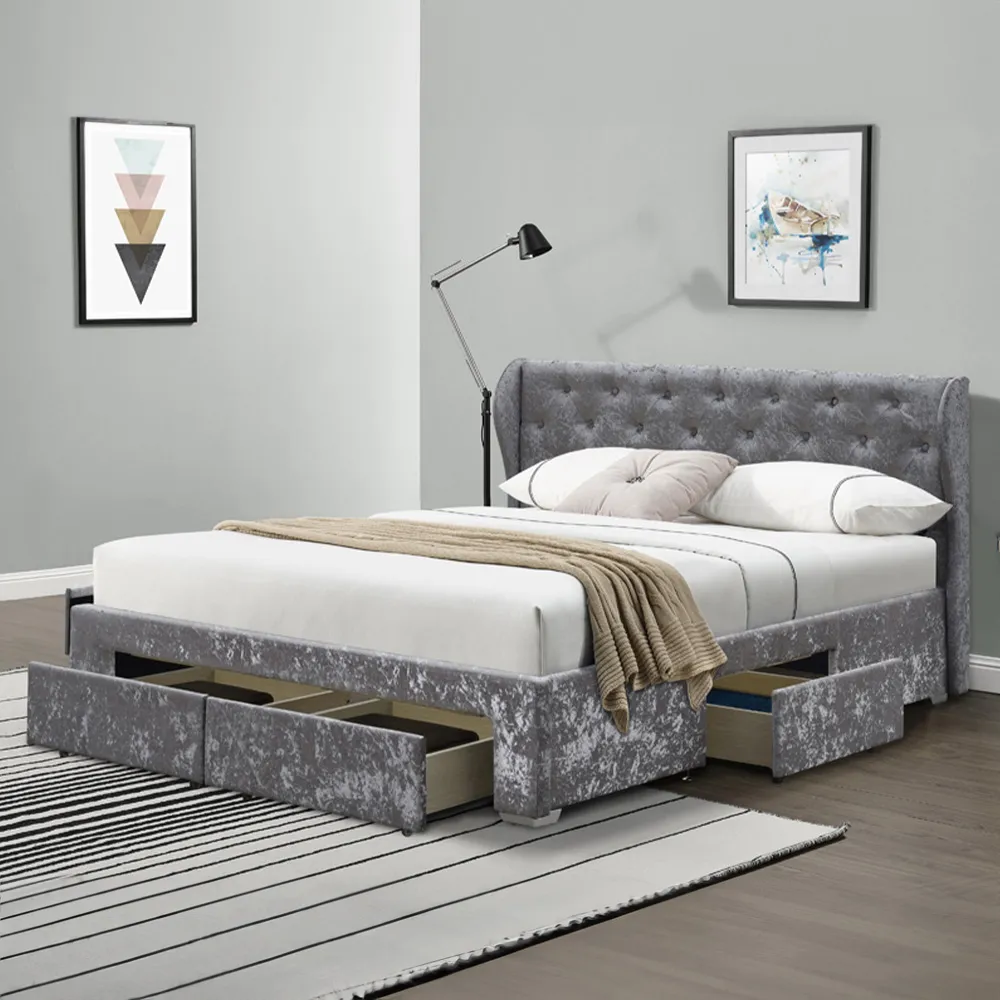 Brooklyn King Size Bed Frame with Winged Headboard - Silver, Velvet