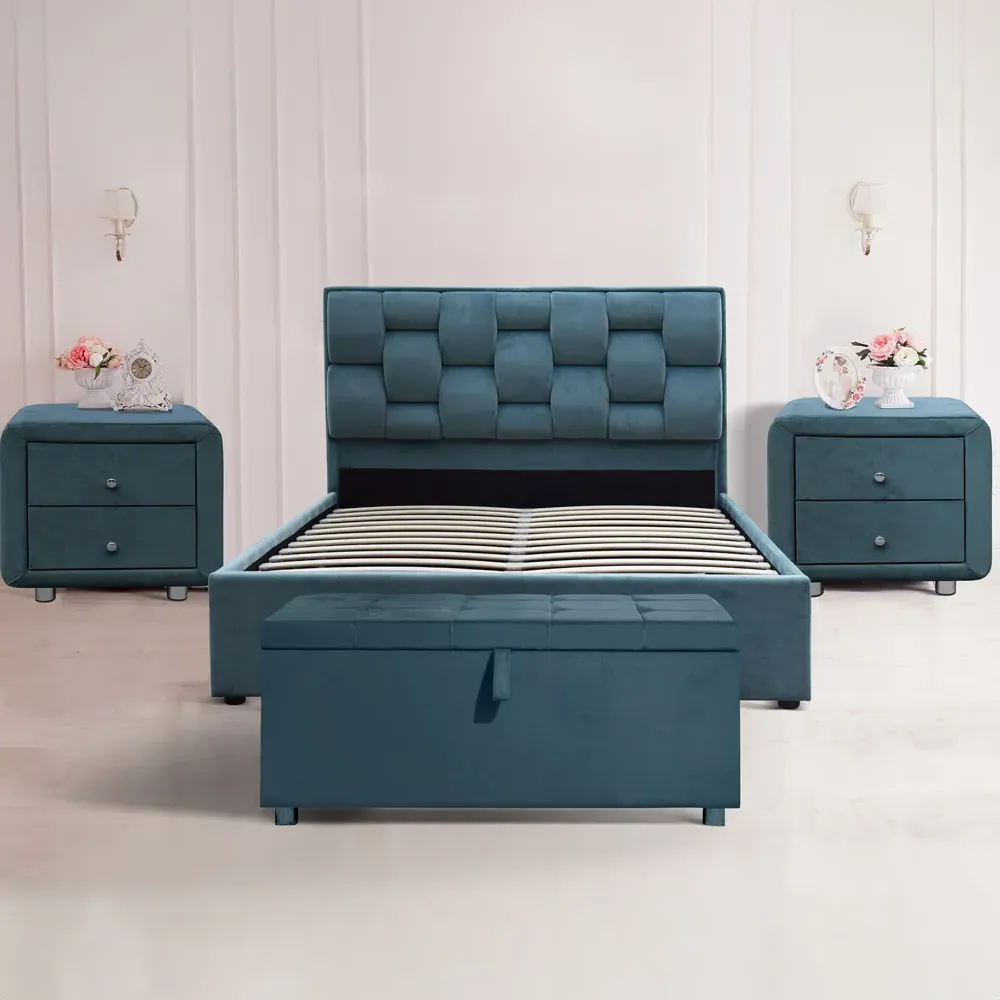 Brooklyn King Size Bedroom Furniture Set - Blue, Velvet