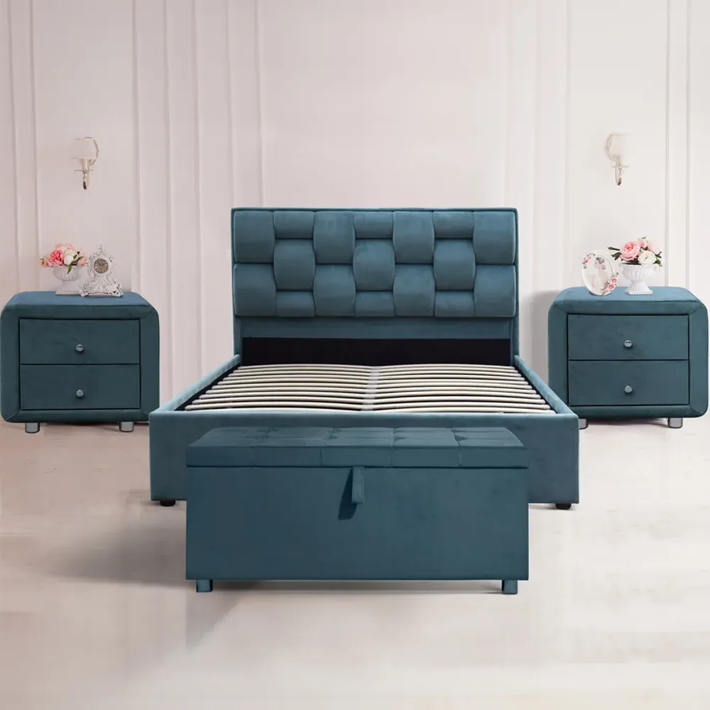 Brooklyn King Size Bedroom Furniture Set - Blue, Velvet