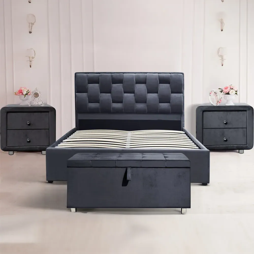 Brooklyn King Size Bedroom Furniture Set with Storage - Grey, Velvet