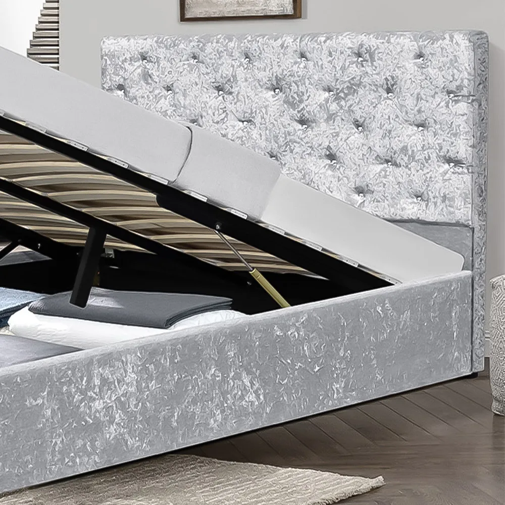 Brooklyn King Size Chesterfield Ottoman Bed with Diamante - Silver, Velvet