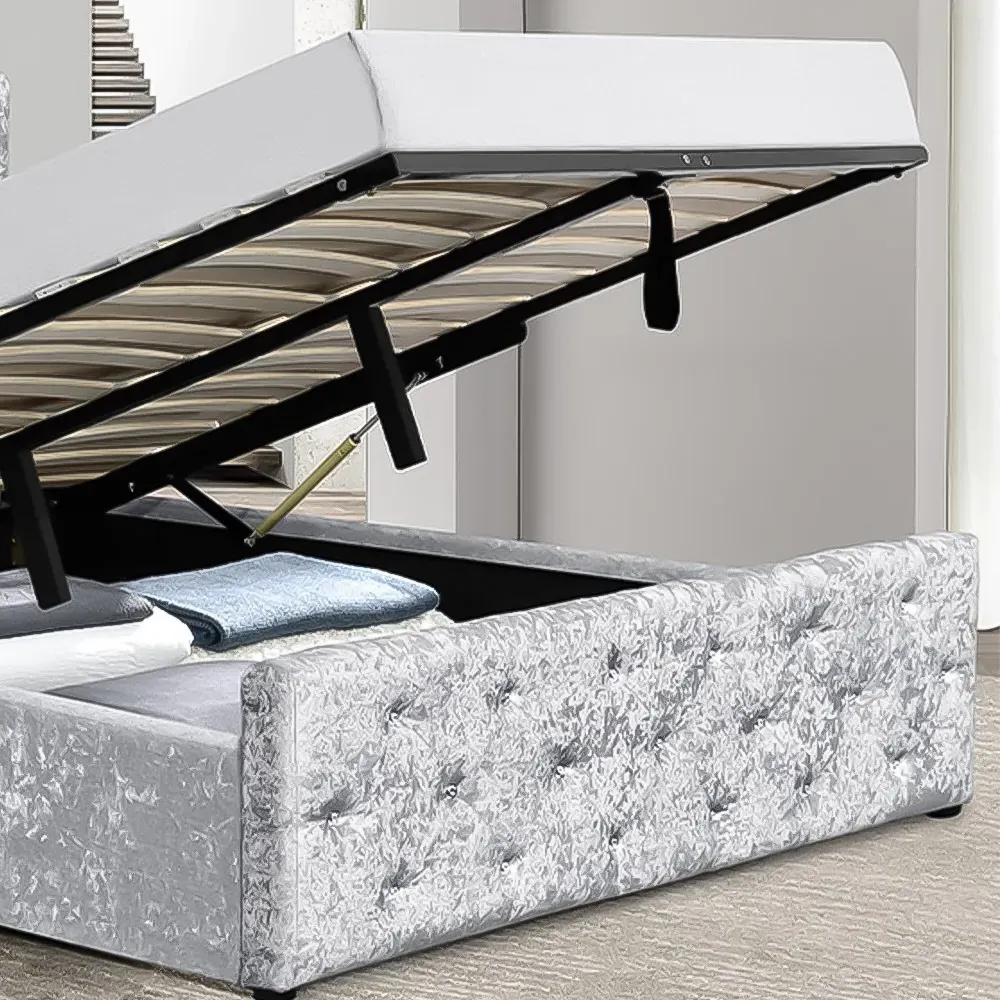Brooklyn King Size Chesterfield Ottoman Bed with Diamante - Silver, Velvet