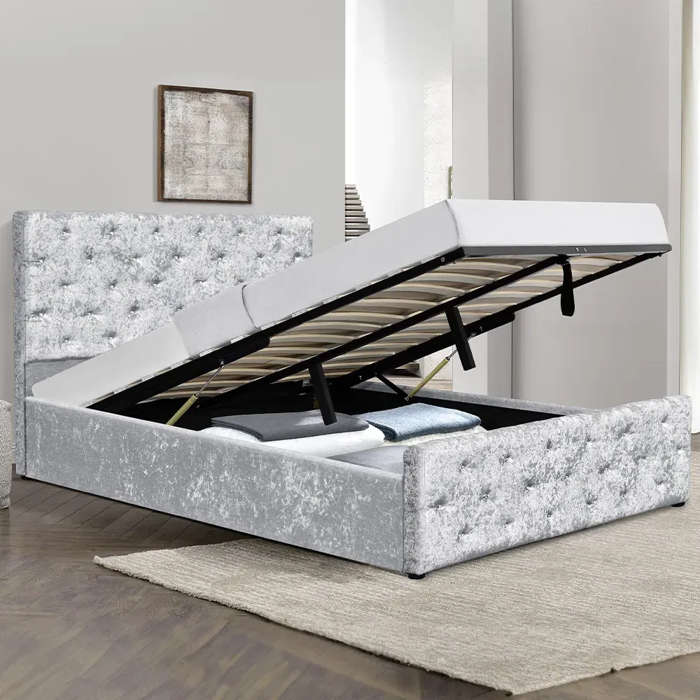 Brooklyn King Size Chesterfield Ottoman Bed with Diamante - Silver, Velvet