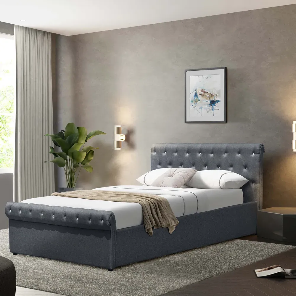 Brooklyn King Size Chesterfield Sleigh Bed Frame - Silver, Linen