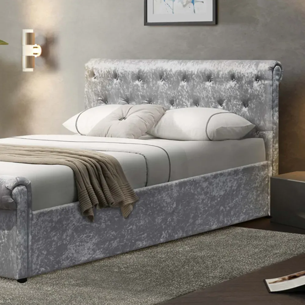 Brooklyn King Size Chesterfield Sleigh Bed Frame - Silver, Velvet