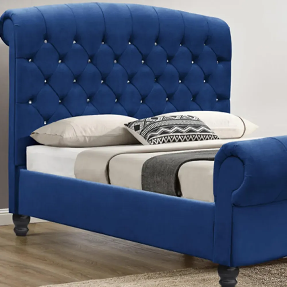 Brooklyn King Size Chesterfield Sleigh Bed - Navy, Velvet