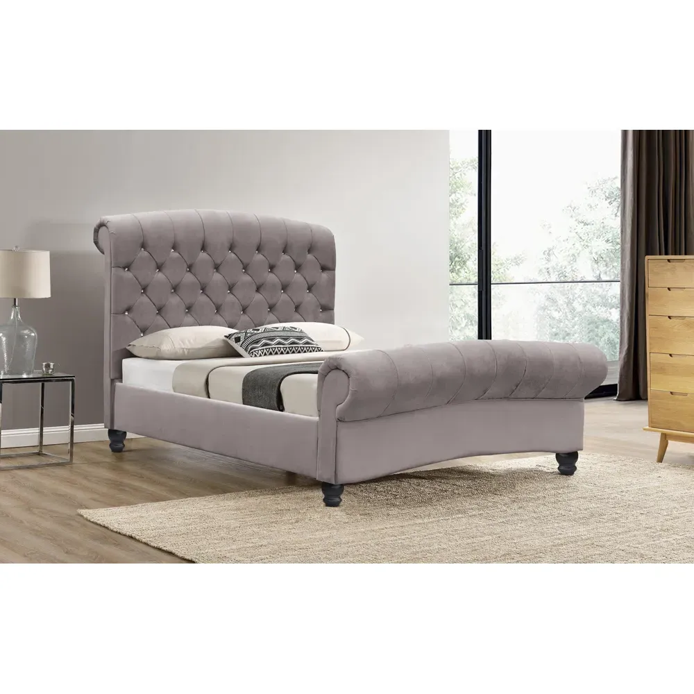 Brooklyn King Size Chesterfield Sleigh Bed - Stone, Velvet