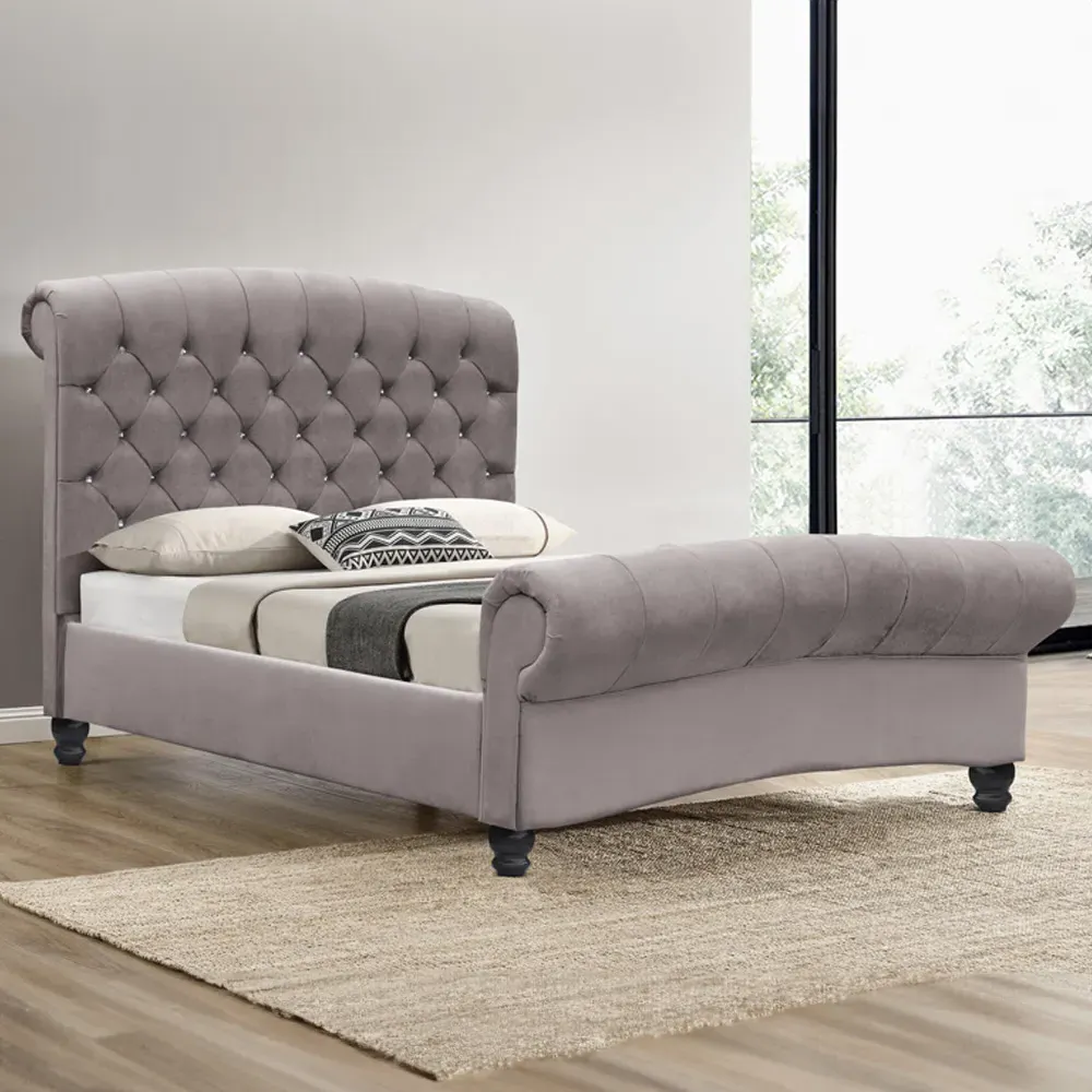 Brooklyn King Size Chesterfield Sleigh Bed - Stone, Velvet