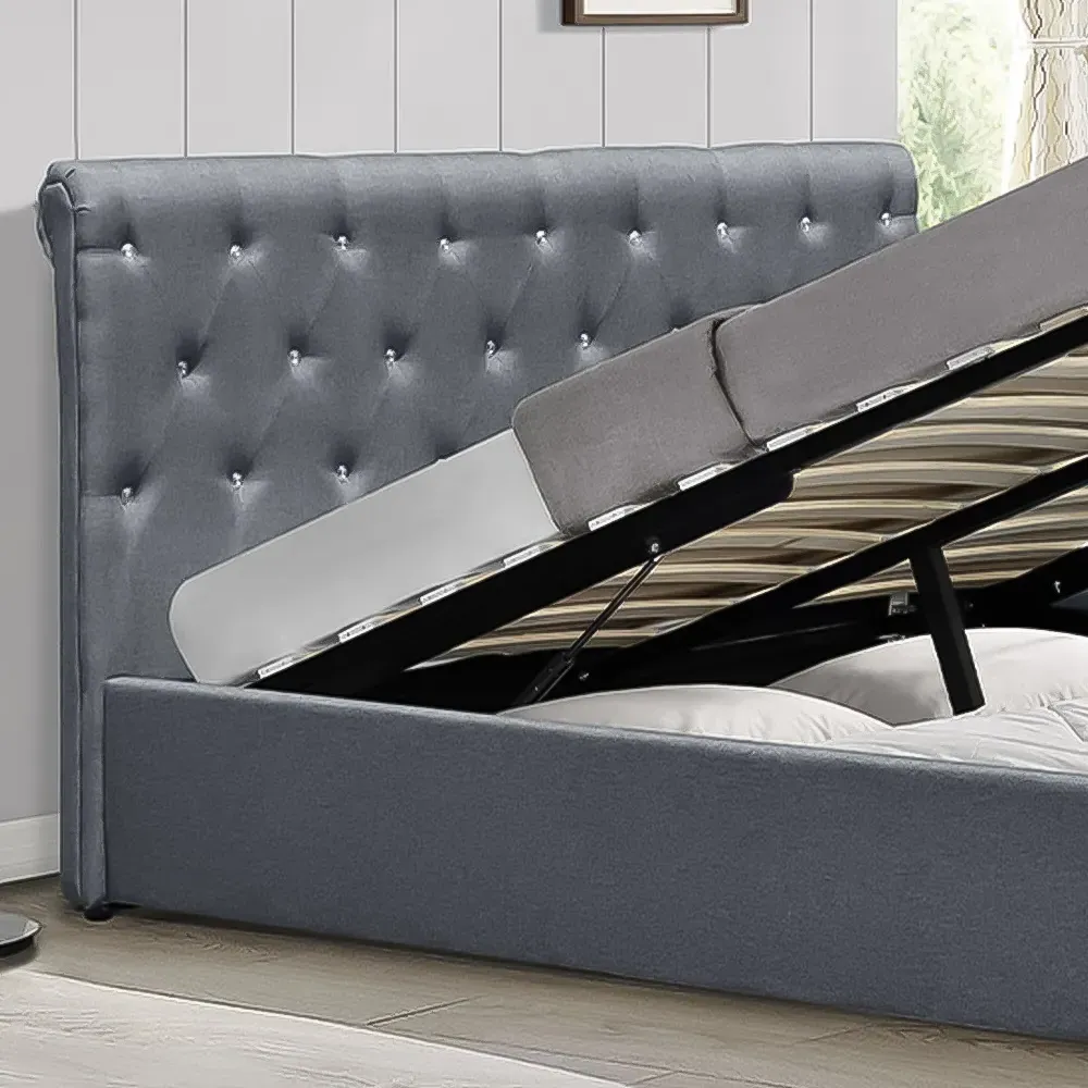 Brooklyn King Size Ottoman Bed with Diamante - Grey, Linen