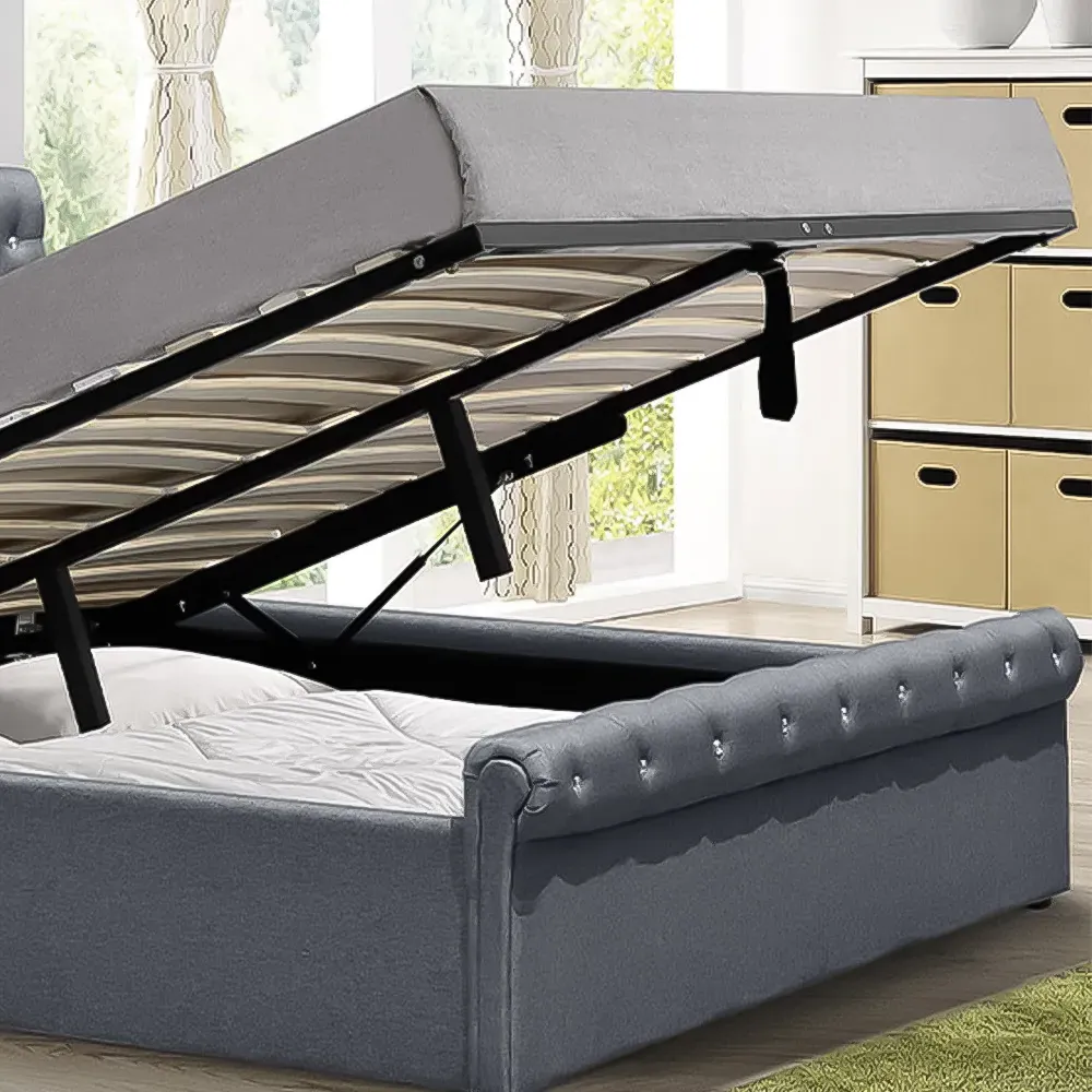Brooklyn King Size Ottoman Bed with Diamante - Grey, Linen