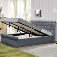 Brooklyn King Size Ottoman Bed with Diamante - Grey, Linen