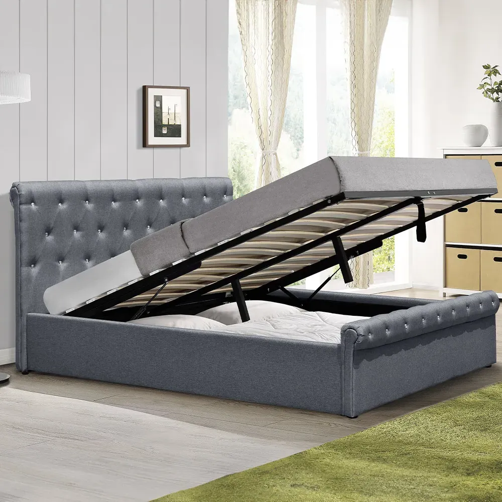 Brooklyn King Size Ottoman Bed with Diamante - Grey, Linen