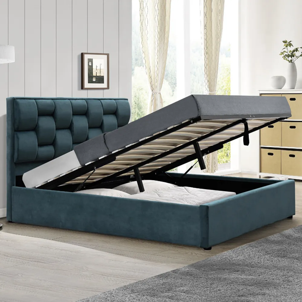 Brooklyn King Size Ottoman Bed with Storage - Blue, Velvet
